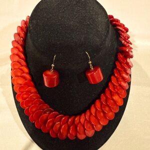 Vintage Red Coral necklace and earrings with Intricate Design